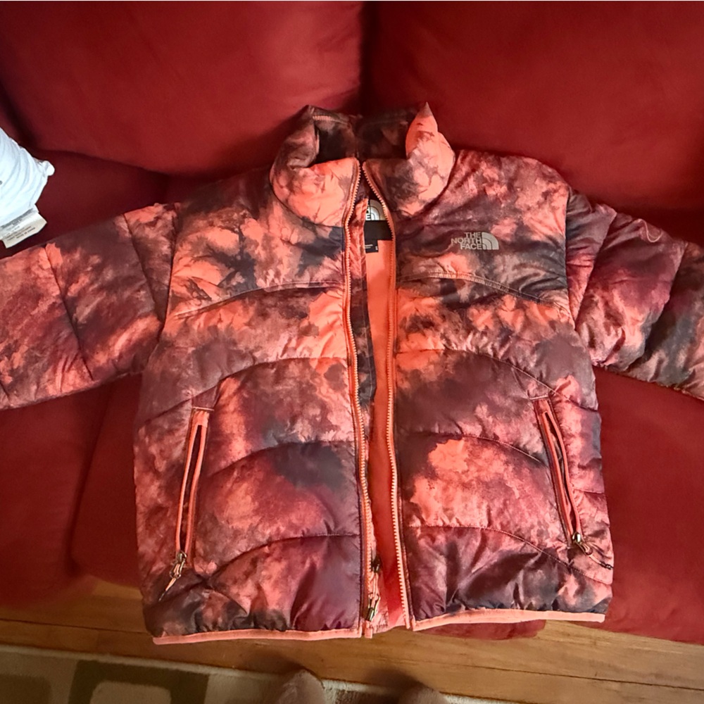 The North Face Coral and Black Puffer Jacket